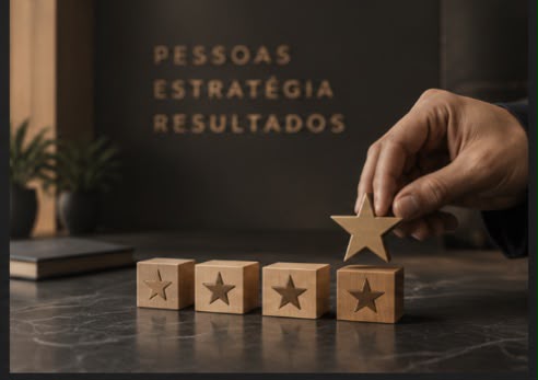 Mão posicionando uma estrela dourada sobre blocos que representam excelência e resultados